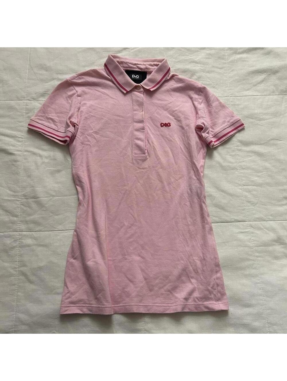 D&G Dolce and Gabbana pink polo with hot pink logo detailing and collar stripe